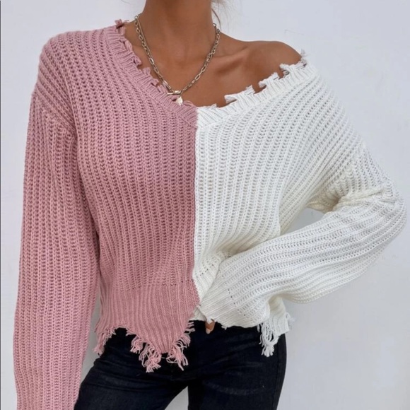 Color block distressed hem v neck sweater - Picture 5 of 11